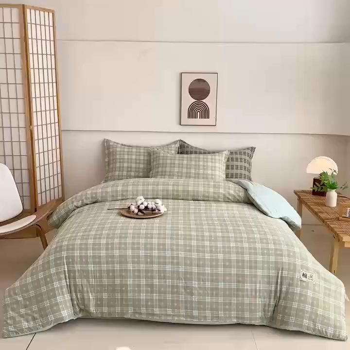 91家纺网 家纺一手货源 找家纺 好欣怡家纺 2026新款A类新疆棉花被可拆洗无印风格子水洗棉棉花被芯冬被学生四季被 抹茶