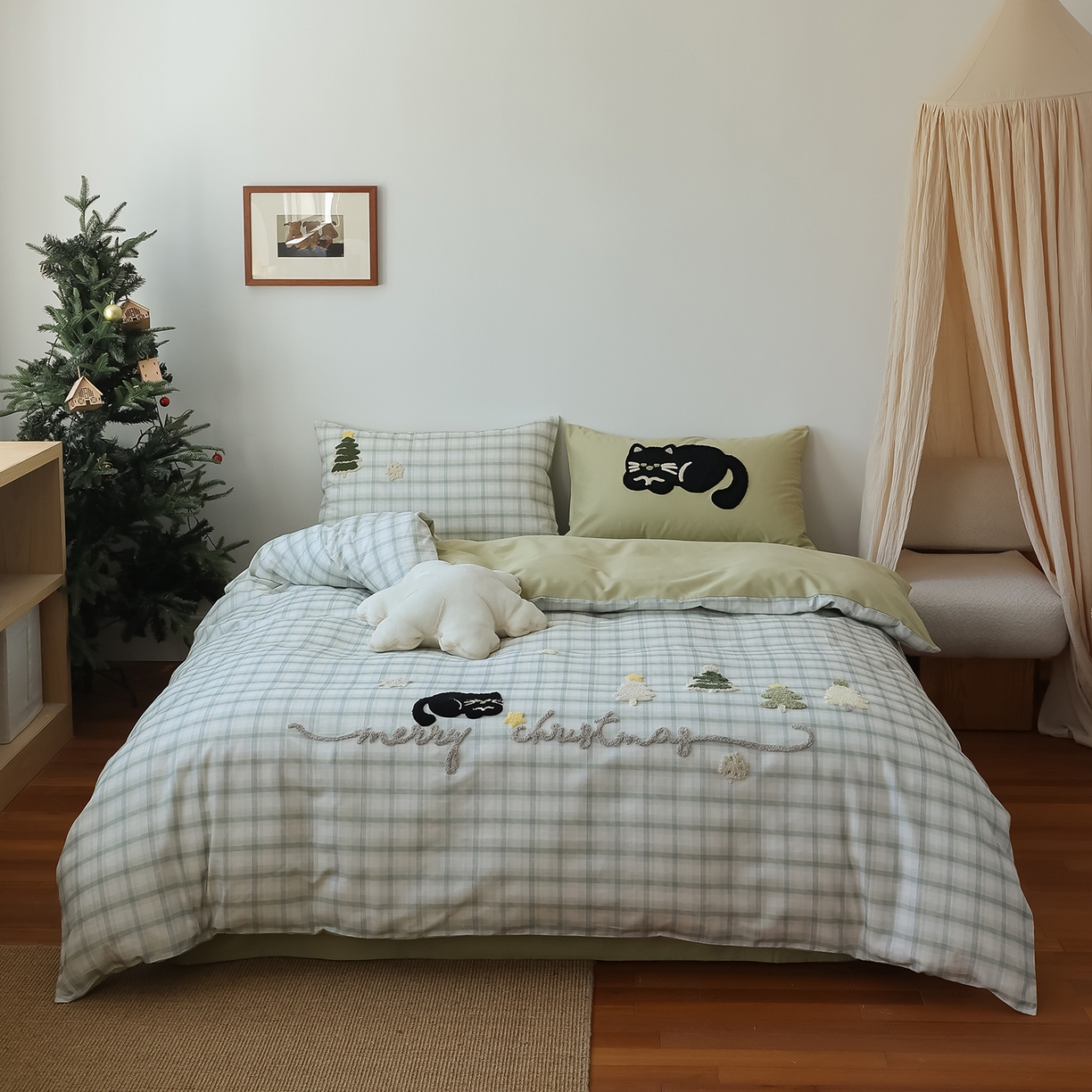 风向标家纺 2025新款全棉50s磨毛数码印花毛巾绣四件套-风格二 绿色圣诞猫