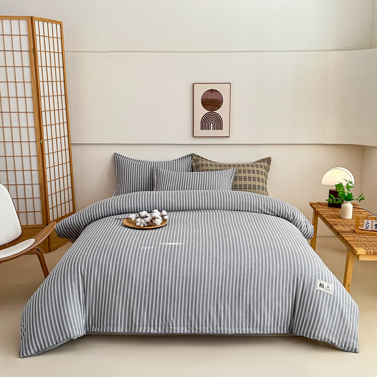 好欣怡家纺 2026新款A类新疆棉花被可拆洗无印风格子水洗棉棉花被芯冬被学生四季被 条纹灰