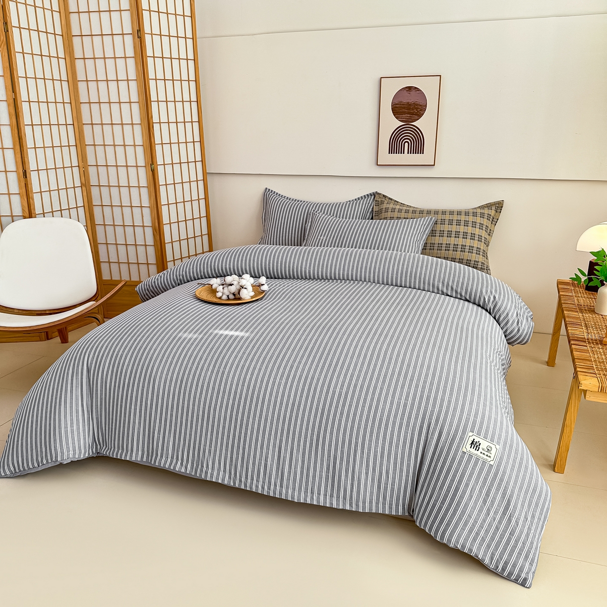 91家纺网 家纺一手货源 找家纺 好欣怡家纺 2026新款A类新疆棉花被可拆洗无印风格子水洗棉棉花被芯冬被学生四季被 条纹灰