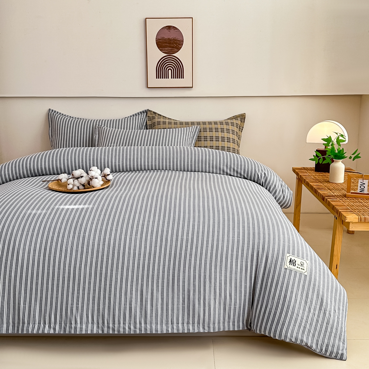 91家纺网 家纺一手货源 找家纺 好欣怡家纺 2026新款A类新疆棉花被可拆洗无印风格子水洗棉棉花被芯冬被学生四季被 条纹灰