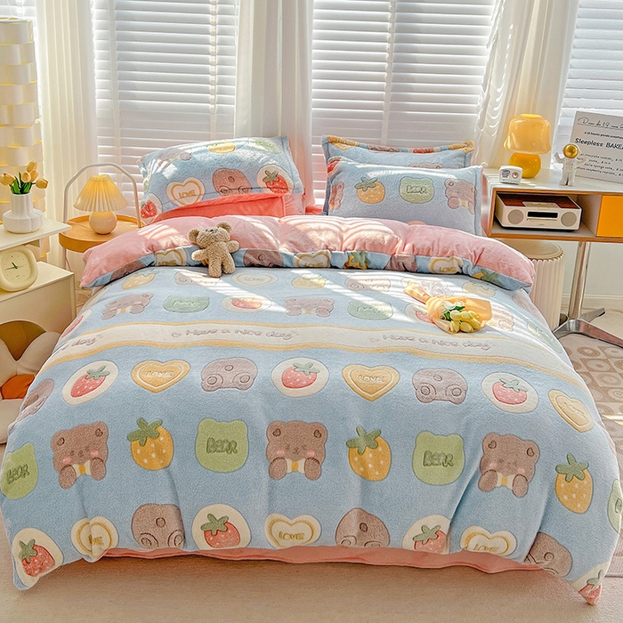 梵克保罗 2025秋冬新品立体雪花绒单被套牛奶绒法莱绒雕花绒兔毛卡通四件套学生季三件套 熊熊乐园-蓝