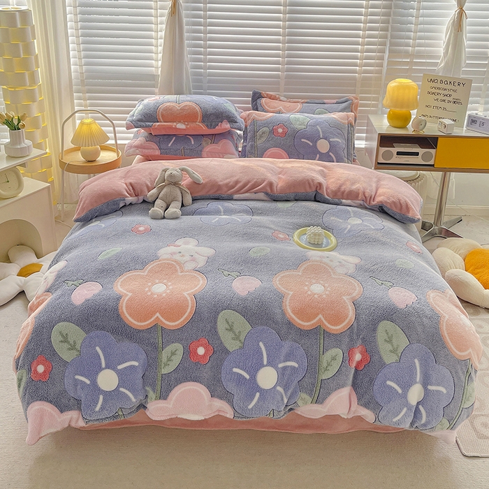 梵克保罗 2025秋冬新品立体雪花绒单被套牛奶绒法莱绒雕花绒兔毛卡通四件套学生季三件套 太阳花