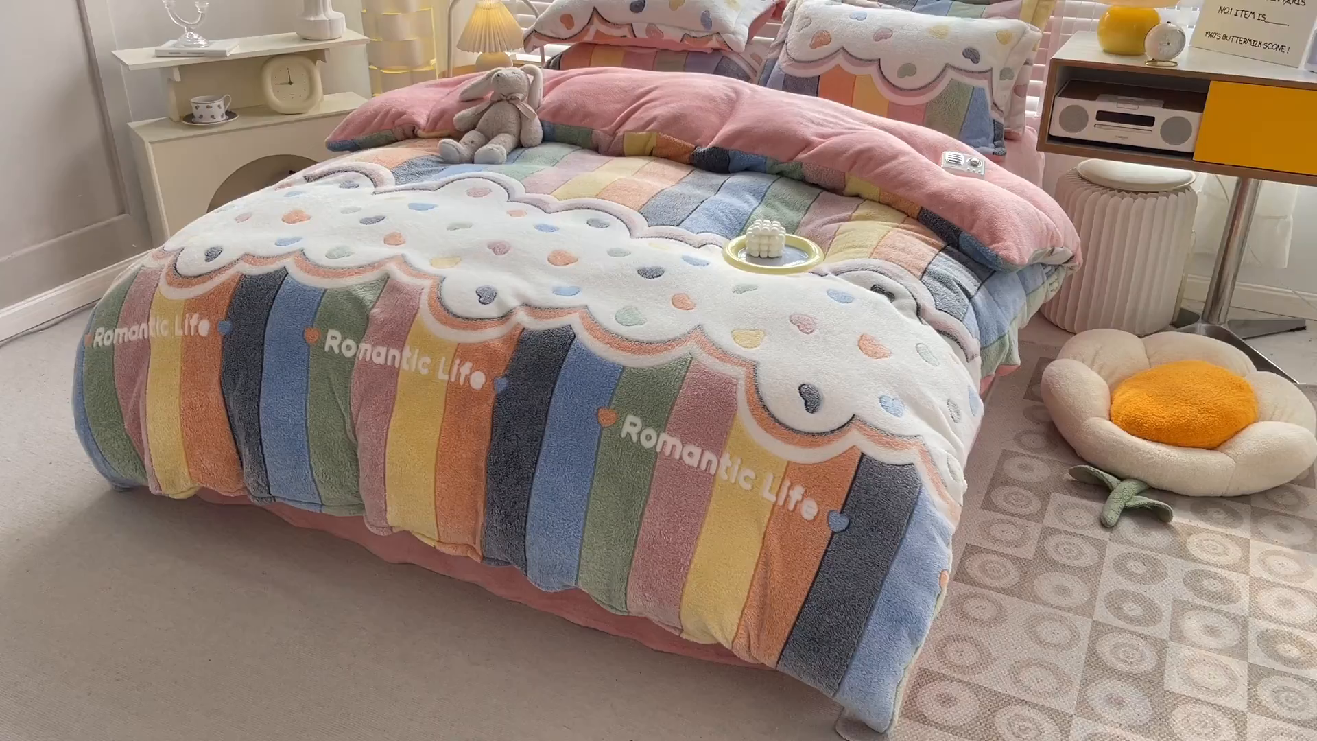 91家纺网 家纺一手货源 找家纺 梵克保罗 2025秋冬新品立体雪花绒单被套牛奶绒法莱绒雕花绒兔毛卡通四件套学生季三件套 爱心彩虹