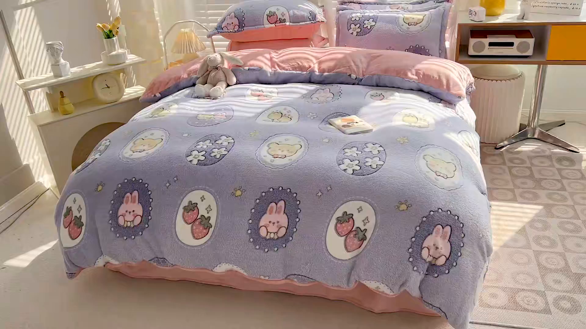 91家纺网 家纺一手货源 找家纺 梵克保罗 2025秋冬新品立体雪花绒单被套牛奶绒法莱绒雕花绒兔毛卡通四件套学生季三件套 草莓兔