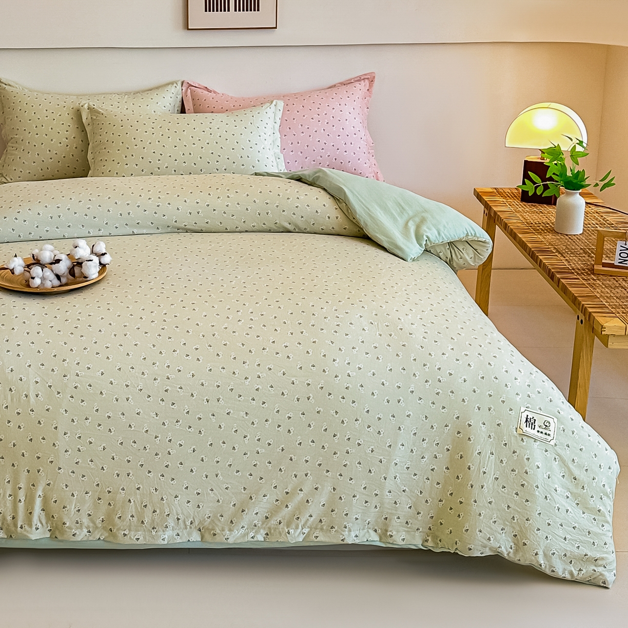91家纺网 家纺一手货源 找家纺 好欣怡家纺 2026新款A类新疆棉花被可拆洗无印风格子水洗棉棉花被芯冬被学生四季被 小雏菊-绿