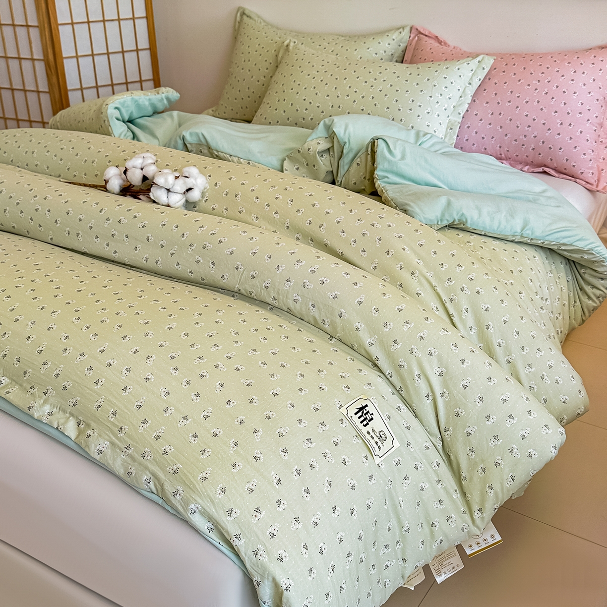 91家纺网 家纺一手货源 找家纺 好欣怡家纺 2026新款A类新疆棉花被可拆洗无印风格子水洗棉棉花被芯冬被学生四季被 小雏菊-绿