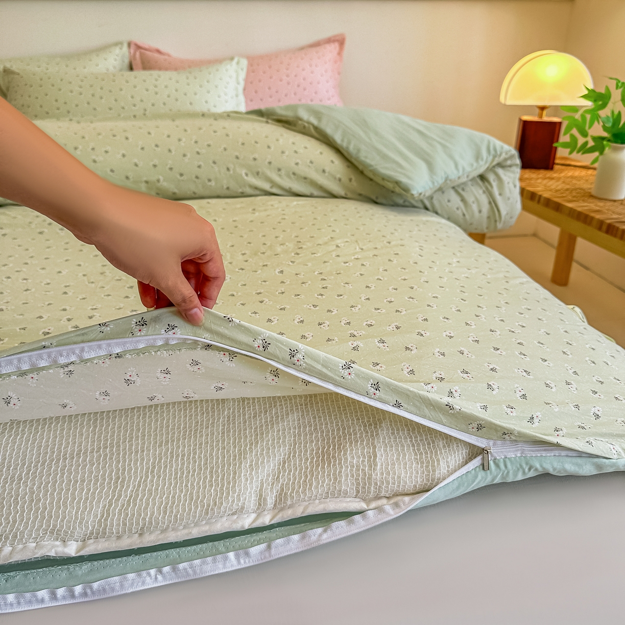 91家纺网 家纺一手货源 找家纺 好欣怡家纺 2026新款A类新疆棉花被可拆洗无印风格子水洗棉棉花被芯冬被学生四季被 小雏菊-绿