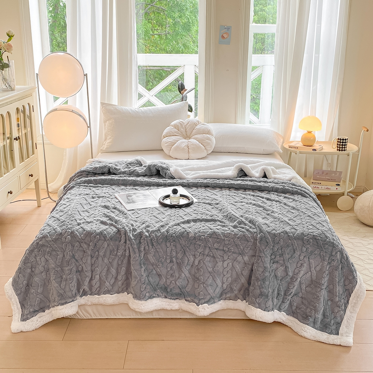 悦织湾家纺 2025新款塔芙绒羊羔绒舒棉绒毛毯麻花格系列 麻花格-灰蓝