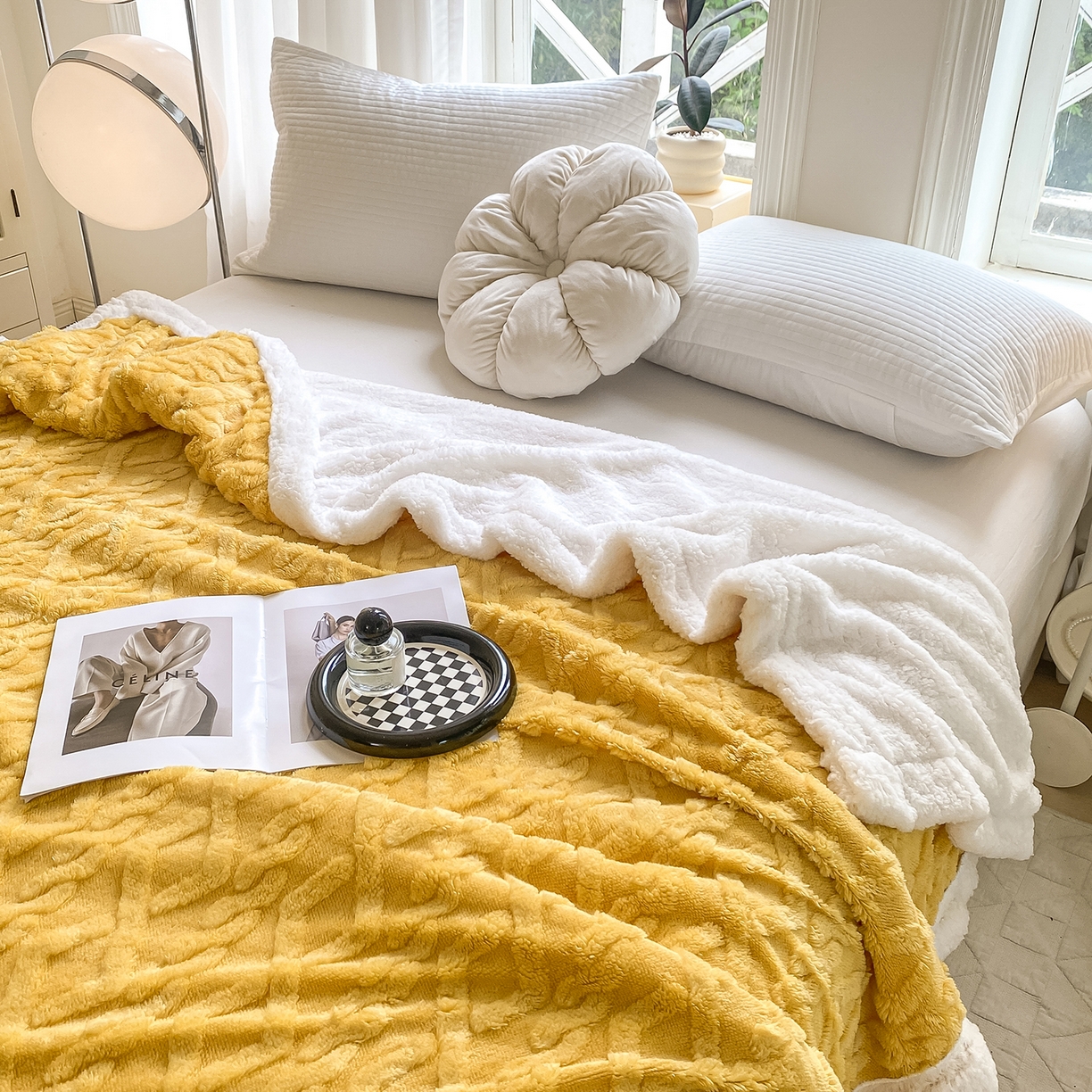 91家纺网 家纺一手货源 找家纺 悦织湾家纺 2025新款塔芙绒羊羔绒舒棉绒毛毯麻花格系列 麻花格-黄色