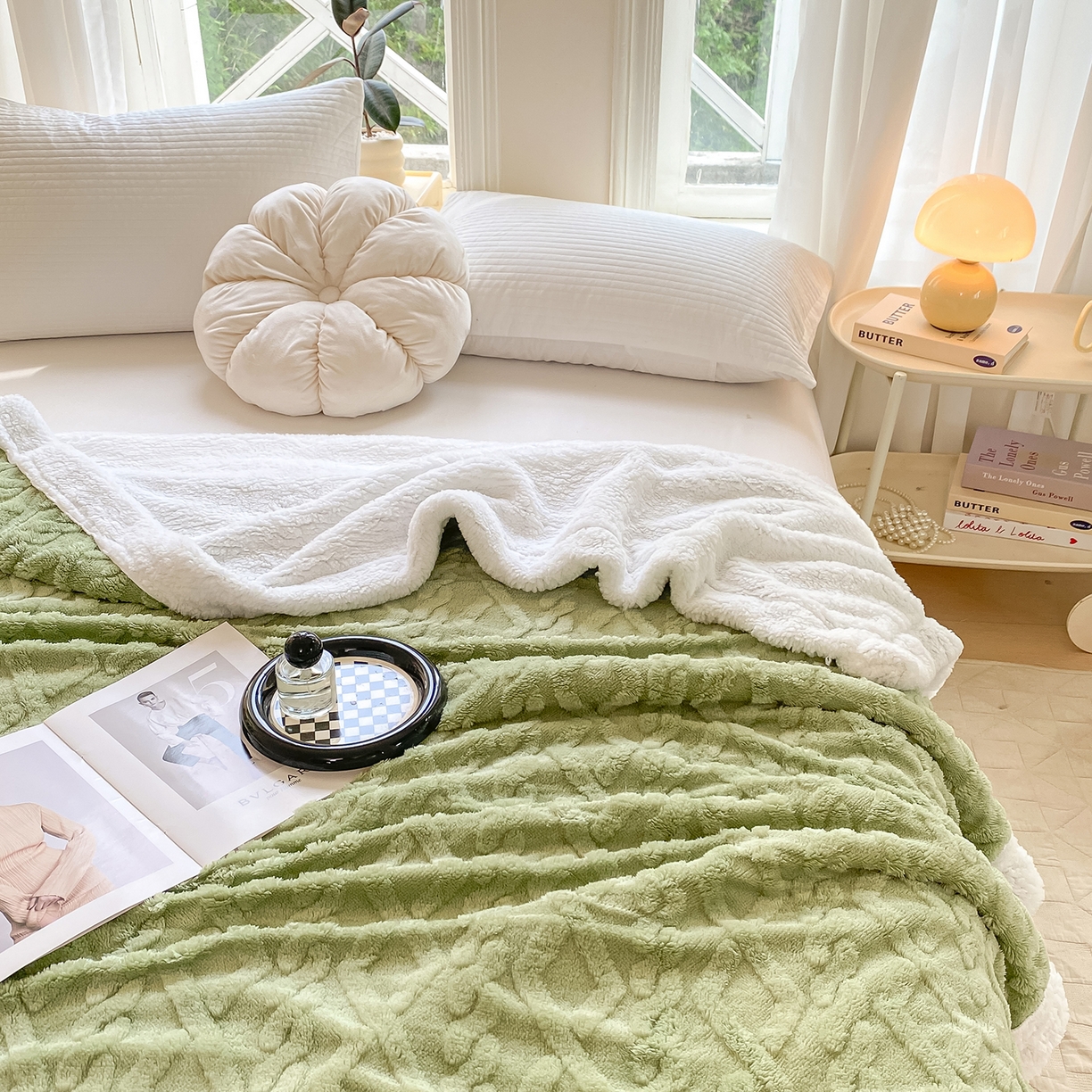 91家纺网 家纺一手货源 找家纺 悦织湾家纺 2025新款塔芙绒羊羔绒舒棉绒毛毯麻花格系列 麻花格-草绿