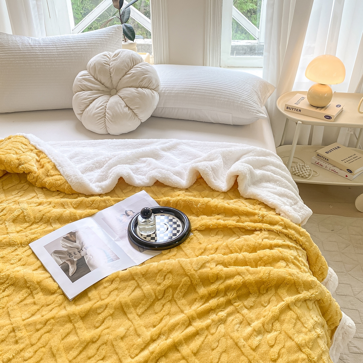 91家纺网 家纺一手货源 找家纺 悦织湾家纺 2025新款塔芙绒羊羔绒舒棉绒毛毯麻花格系列 麻花格-黄色