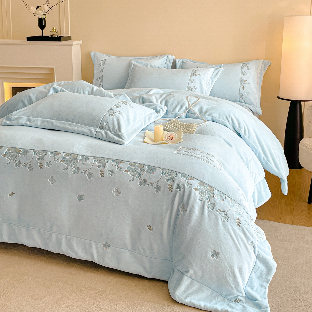 新方向 2025年 全消光A类刺绣牛奶绒四件套-花意浓 花意浓-星月蓝