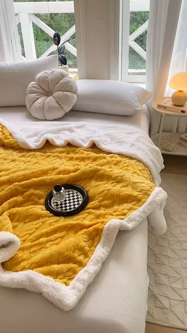 91家纺网 家纺一手货源 找家纺 悦织湾家纺 2025新款塔芙绒羊羔绒舒棉绒毛毯麻花格系列 麻花格-黄色