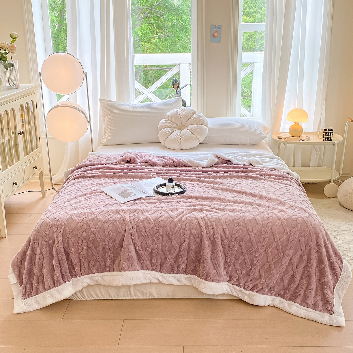 悦织湾家纺 2025新款塔芙绒羊羔绒舒棉绒毛毯麻花格系列 麻花格-浅紫