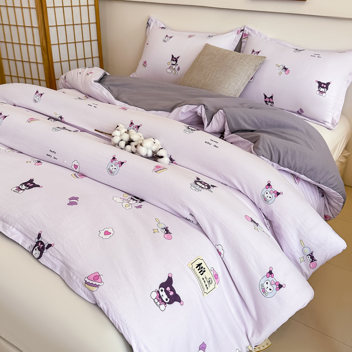 91家纺网 家纺一手货源 找家纺 好欣怡家纺 2026新款A类新疆棉花被可拆洗无印风格子水洗棉棉花被芯冬被学生四季被 紫色库洛