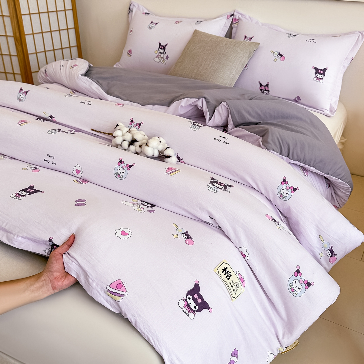 91家纺网 家纺一手货源 找家纺 好欣怡家纺 2026新款A类新疆棉花被可拆洗无印风格子水洗棉棉花被芯冬被学生四季被 紫色库洛