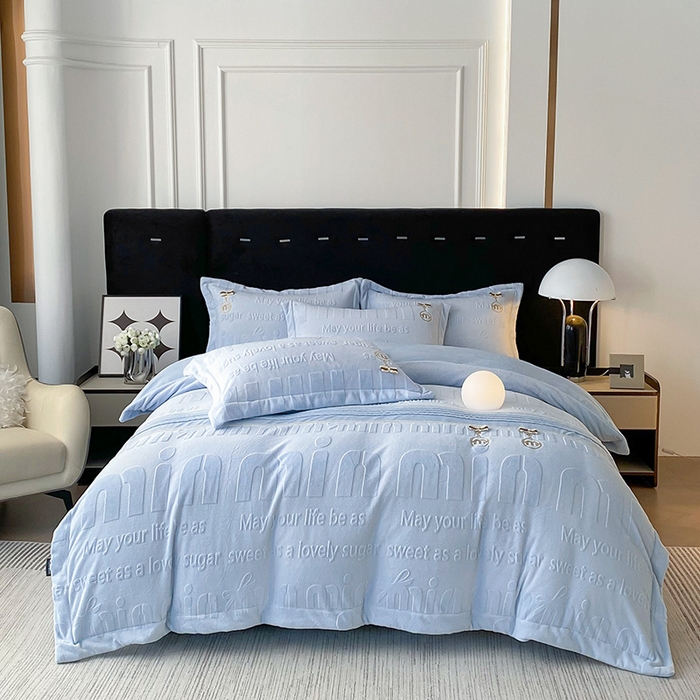 梵克保罗 2025新款法式轻奢全消光牛奶绒雕花打裥刺绣贴布绣MIU四件套-缪斯（带包装） 缪斯-海水蓝