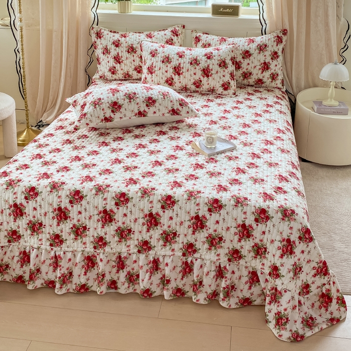 91家纺网 家纺一手货源 找家纺 梦可莱家居 2025秋冬新品豆豆绒床盖大花边四件套梨花落