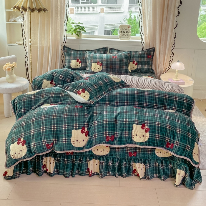 91家纺网 家纺一手货源 找家纺 梦可莱家居 2025秋冬新品豆豆绒床盖大花边四件套猫野