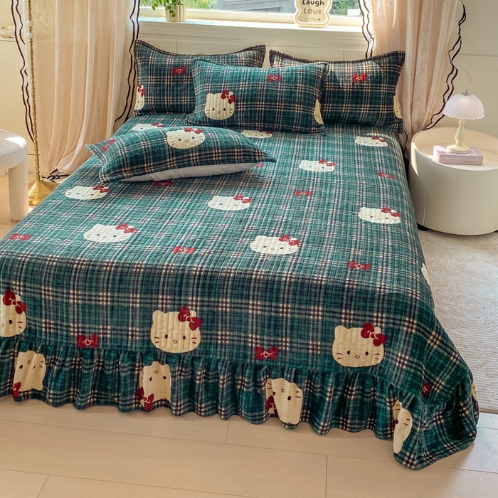 91家纺网 家纺一手货源 找家纺 梦可莱家居 2025秋冬新品豆豆绒床盖大花边四件套猫野