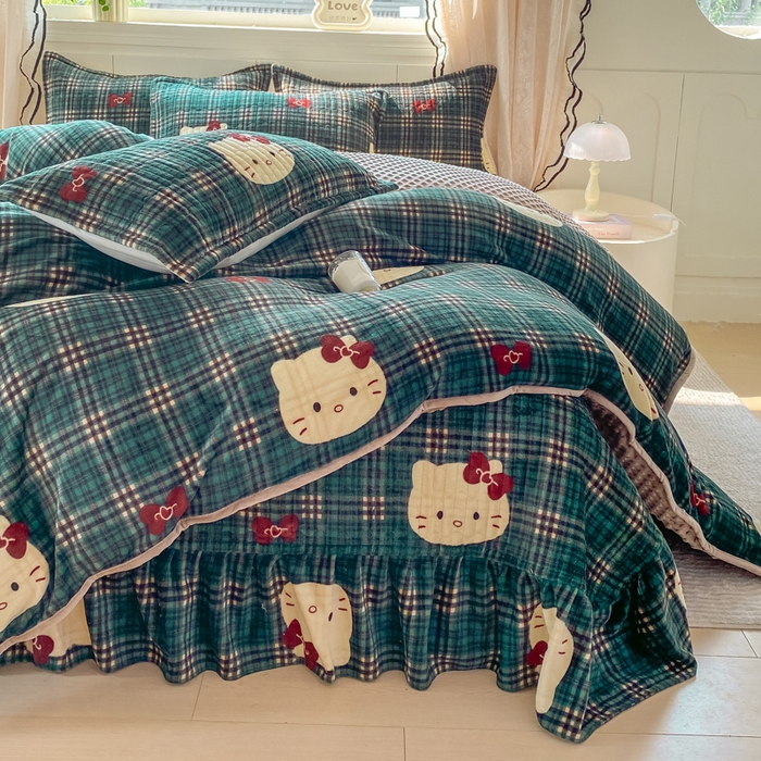梦可莱家居 2025秋冬新品豆豆绒床盖大花边四件套猫野