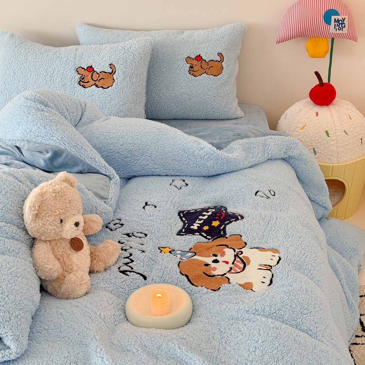 91家纺网 家纺一手货源 找家纺 梓之赫 2025新款小版羊羔绒牛奶绒卡通四件套冬季加厚保暖 星星小狗-蓝