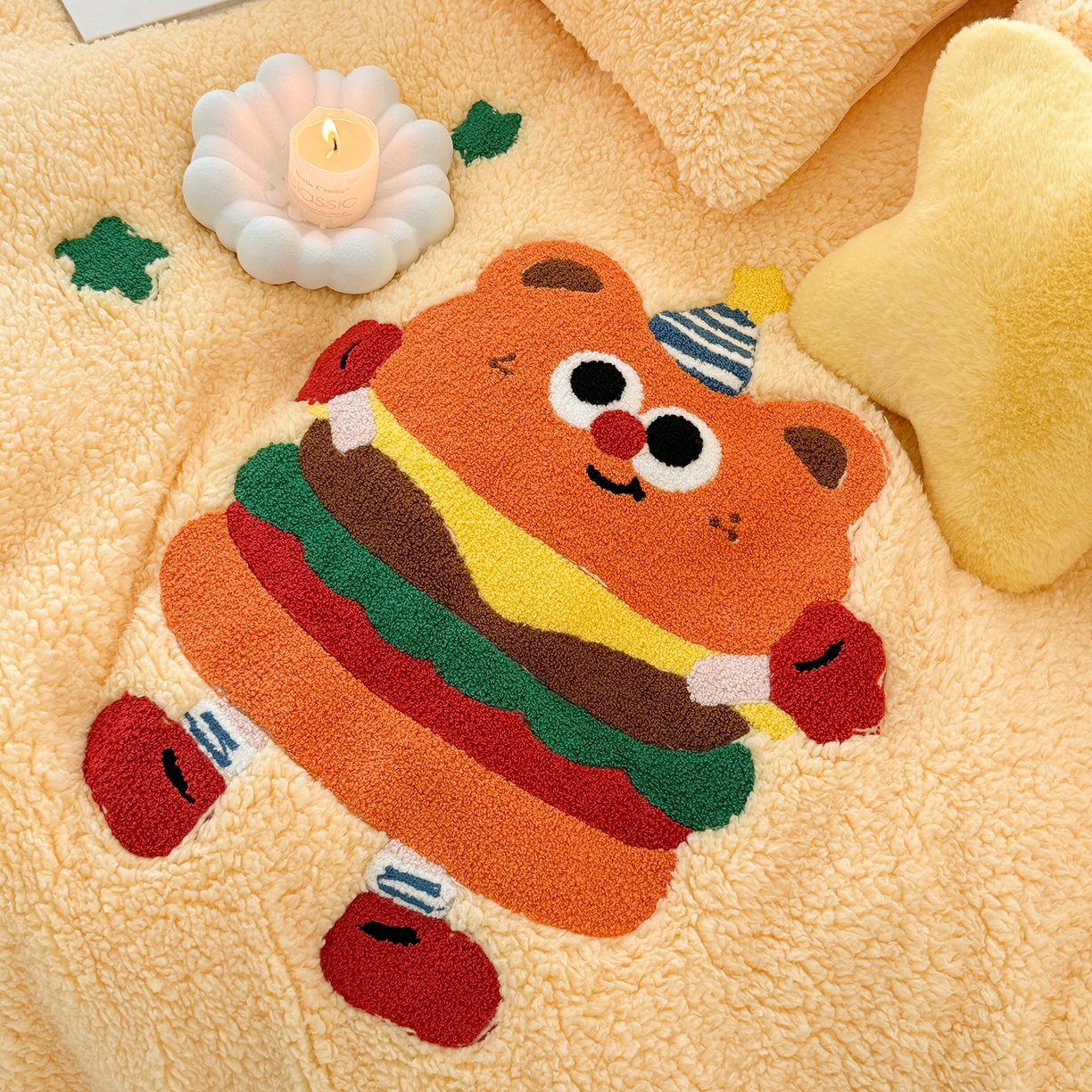 91家纺网 家纺一手货源 找家纺 梓之赫 2025新款小版羊羔绒牛奶绒卡通四件套冬季加厚保暖 汉堡-黄