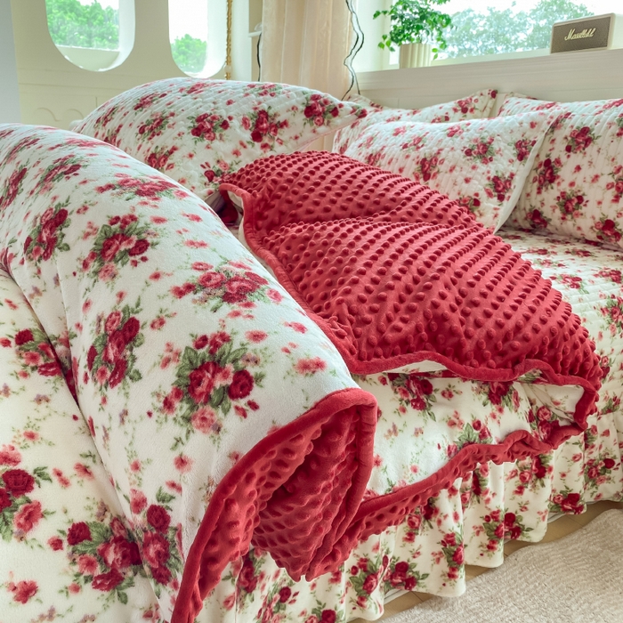 91家纺网 家纺一手货源 找家纺 尚美 2025新款豆豆绒牛奶绒大花边床盖四件套-系列2（床盖花边随机） 梨花洛