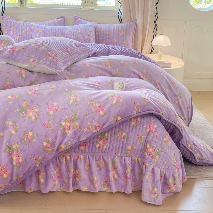 梦可莱家居 2025秋冬新品豆豆绒床盖大花边四件套紫苏