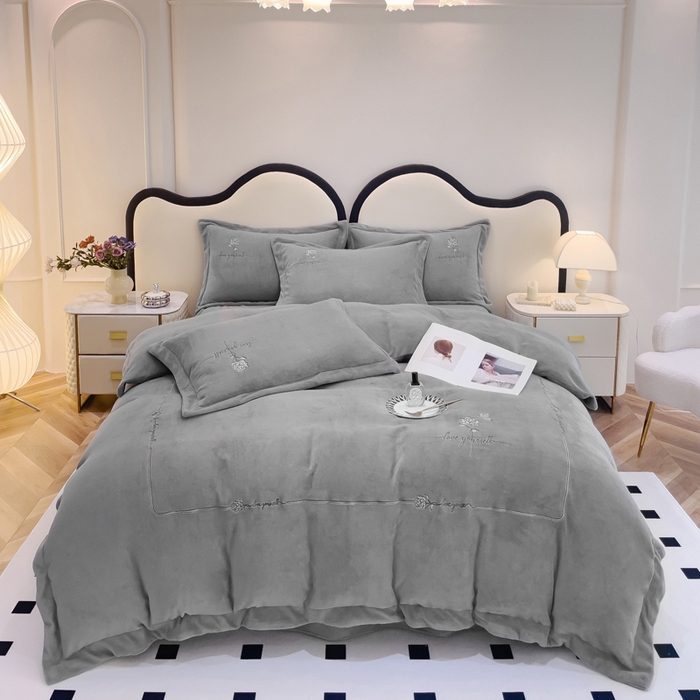 梵克保罗 2025秋冬新款高克重牛奶绒轻奢花卉绣花刺绣-玫瑰庄园 玫瑰庄园-灰