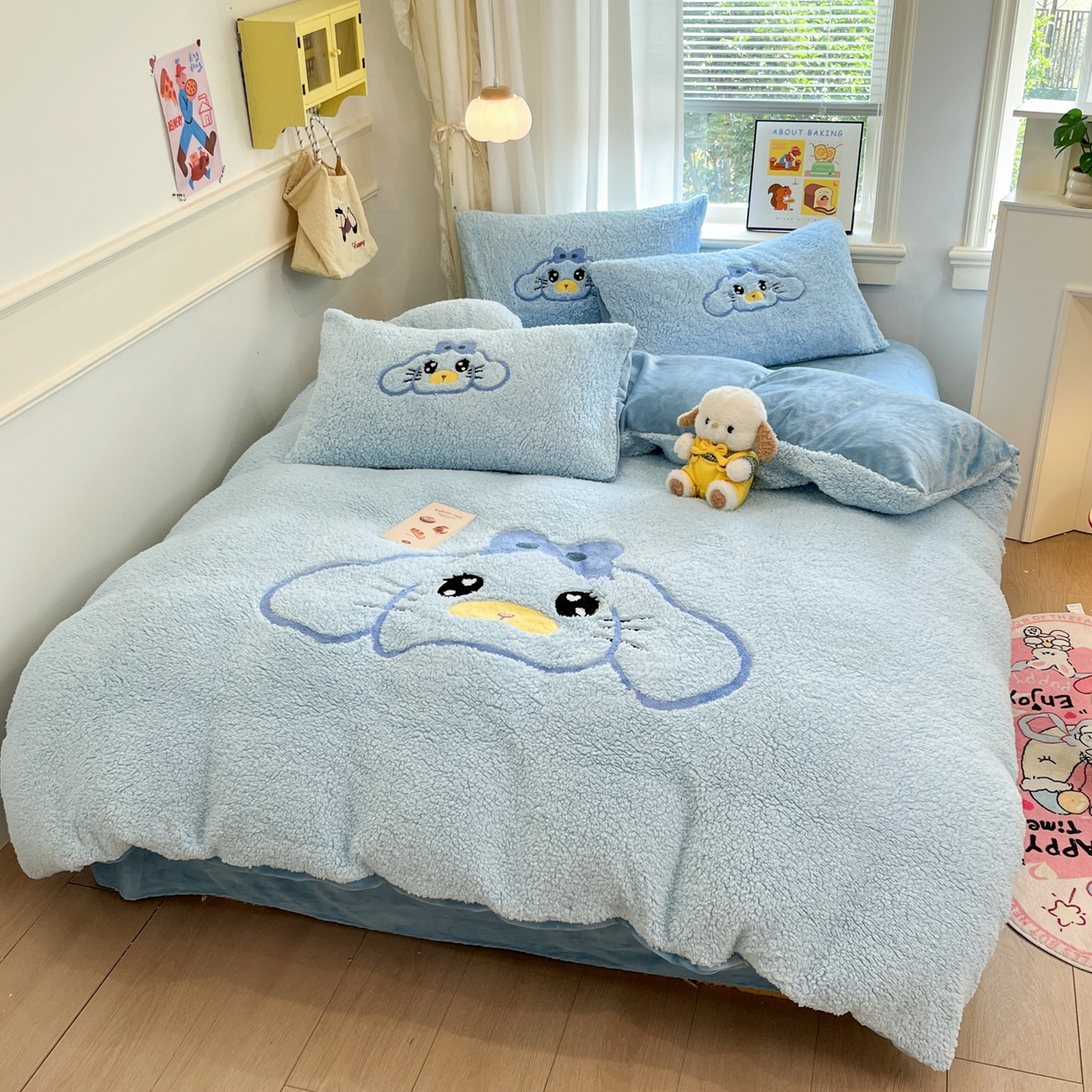 91家纺网 家纺一手货源 找家纺 梓之赫 2025新款大版羊羔绒牛奶绒卡通四件套冬季加厚保暖 大耳鼠狗-蓝