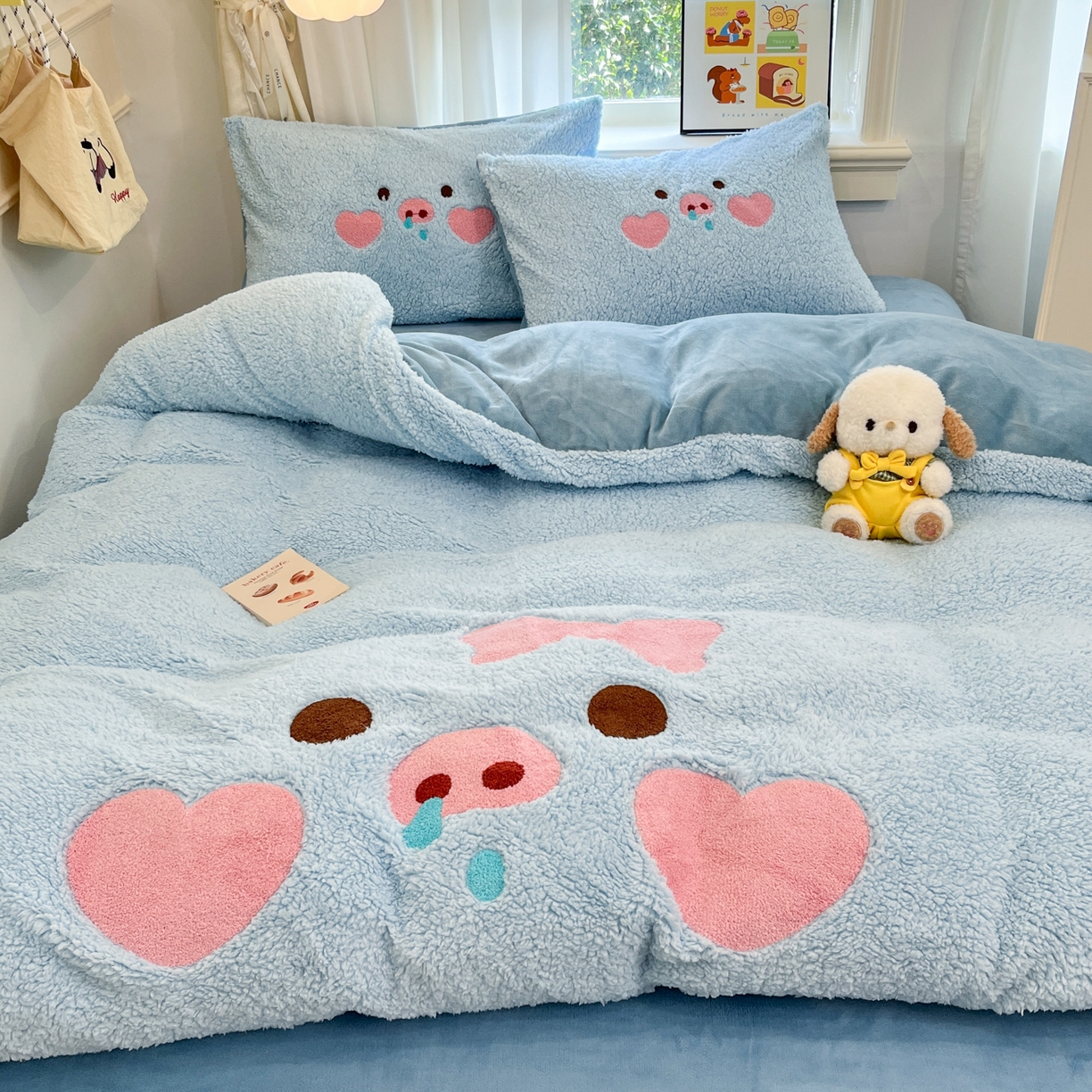 梓之赫 2025新款大版羊羔绒牛奶绒卡通四件套冬季加厚保暖 爱心猪猪-蓝