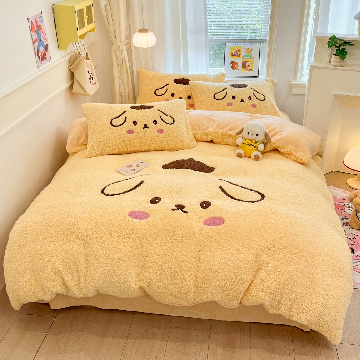 91家纺网 家纺一手货源 找家纺 梓之赫 2025新款大版羊羔绒牛奶绒卡通四件套冬季加厚保暖 晚安狗-黄