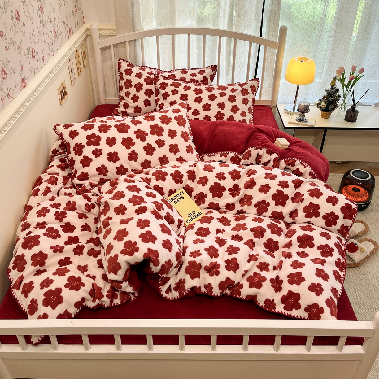 雅居纺家纺 2025新款贝壳边牛奶绒四件套 贝壳边 春风十里-红