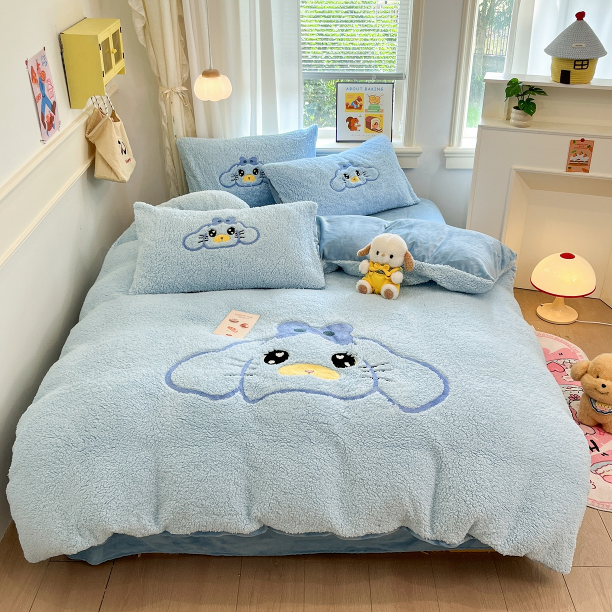 91家纺网 家纺一手货源 找家纺 梓之赫 2025新款大版羊羔绒牛奶绒卡通四件套冬季加厚保暖 大耳鼠狗-蓝