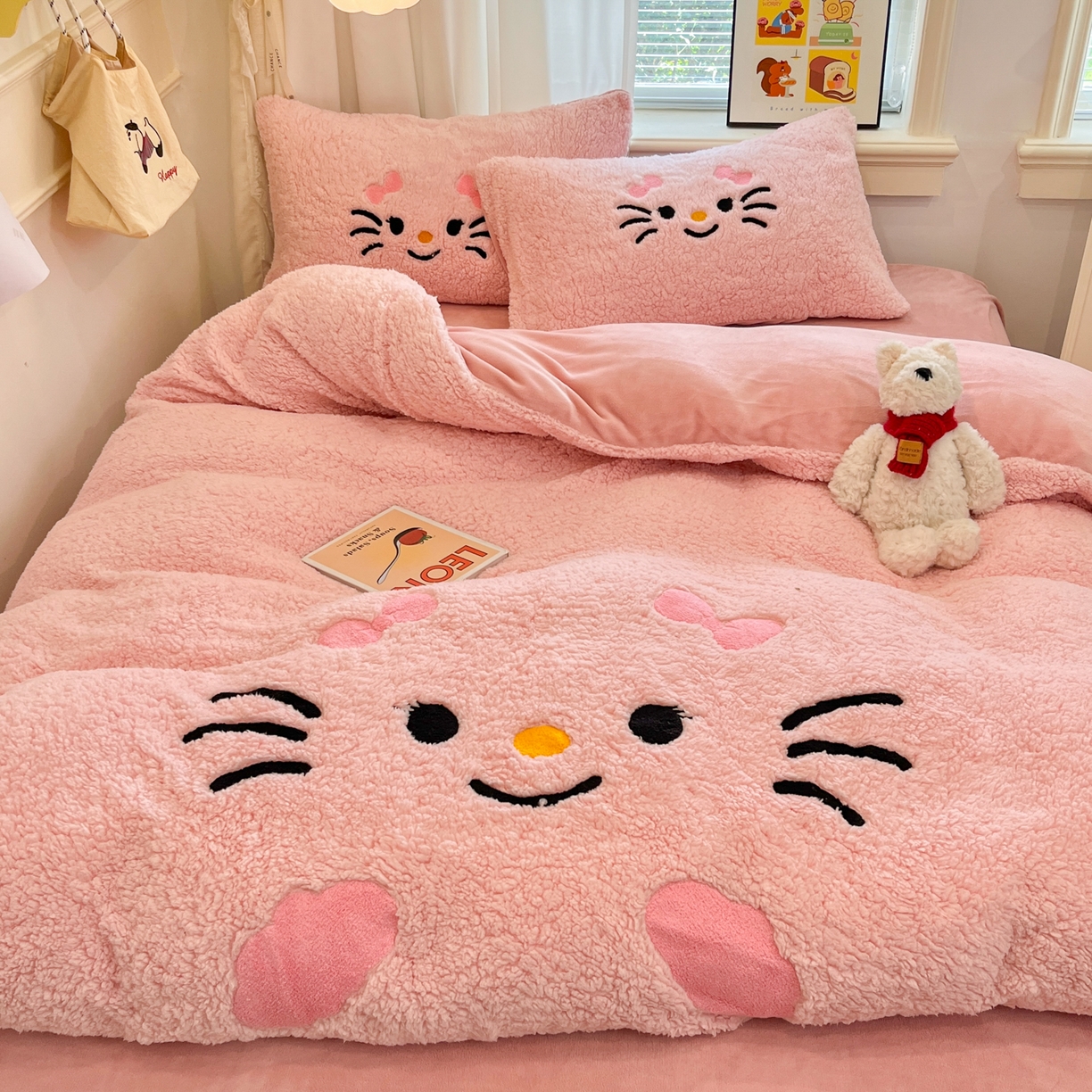 梓之赫 2025新款大版羊羔绒牛奶绒卡通四件套冬季加厚保暖 可爱猫咪-粉