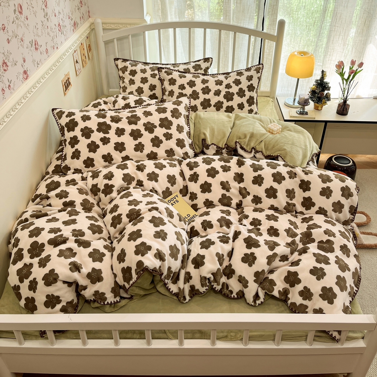 雅居纺家纺 2025新款贝壳边牛奶绒四件套 贝壳边 春风十里-绿