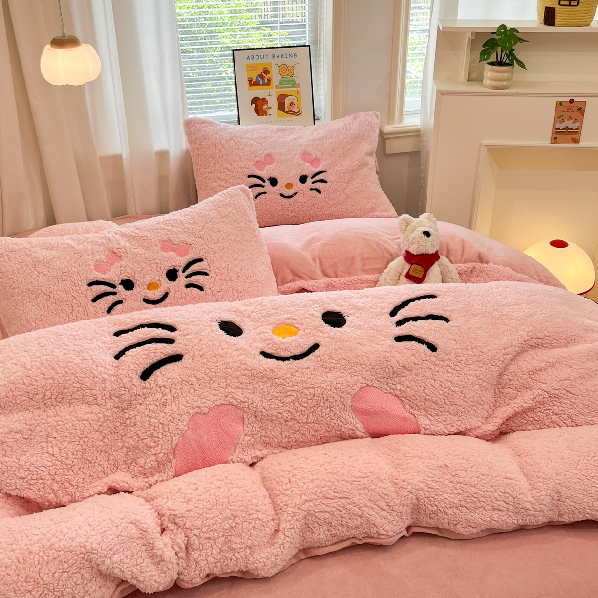 91家纺网 家纺一手货源 找家纺 梓之赫 2025新款大版羊羔绒牛奶绒卡通四件套冬季加厚保暖 可爱猫咪-粉