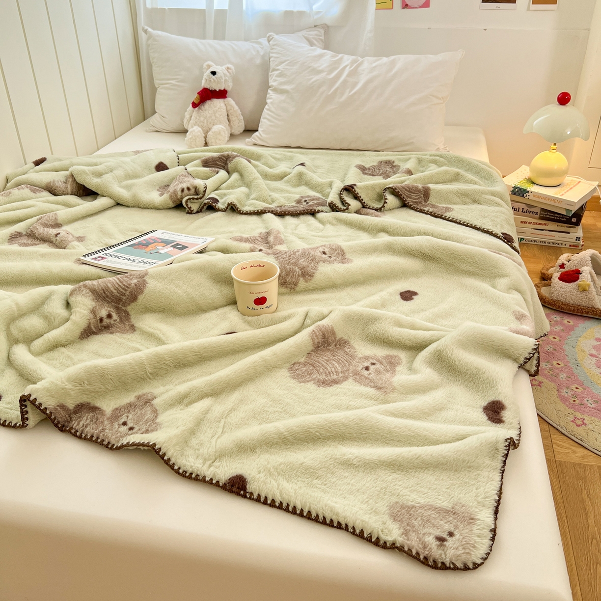 91家纺网 家纺一手货源 找家纺 雅居纺家纺 2025新款贝壳边双面兔绒印花毛毯 毛毯-爱心熊绿