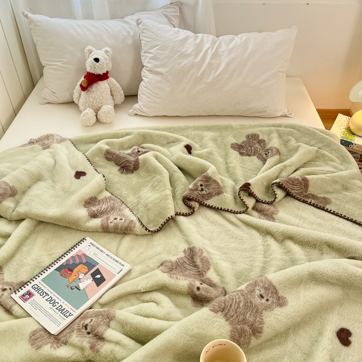 91家纺网 家纺一手货源 找家纺 雅居纺家纺 2025新款贝壳边双面兔绒印花毛毯 毛毯-爱心熊绿