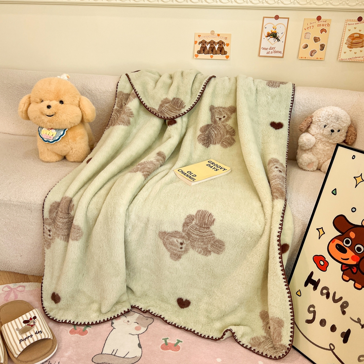 91家纺网 家纺一手货源 找家纺 雅居纺家纺 2025新款贝壳边双面兔绒印花毛毯 毛毯-爱心熊绿