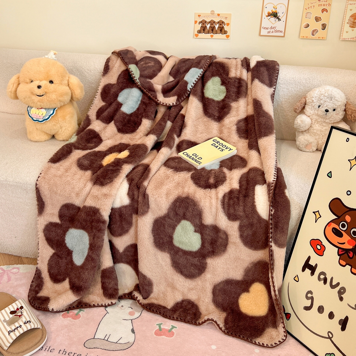 雅居纺家纺 2025新款贝壳边双面兔绒印花毛毯 毛毯-咖色花朵