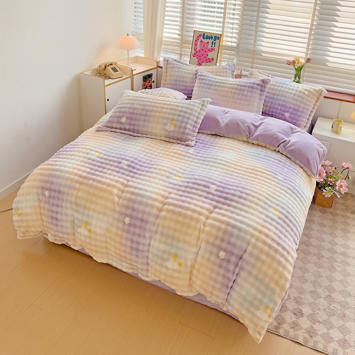 91家纺网 家纺一手货源 找家纺 梵克保罗 2025秋冬新款牛奶绒泡泡绒印花卡通花卉兔毛单被套三件套四件套 梦幻星空