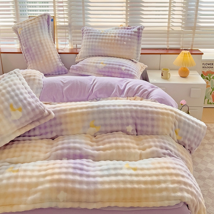 91家纺网 家纺一手货源 找家纺 梵克保罗 2025秋冬新款牛奶绒泡泡绒印花卡通花卉兔毛单被套三件套四件套 梦幻星空