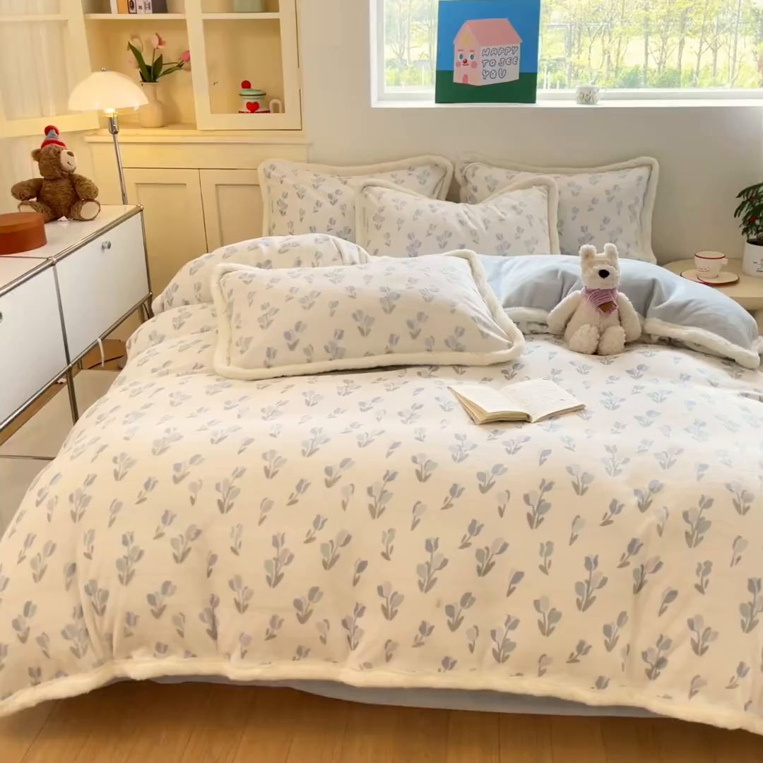 91家纺网 家纺一手货源 找家纺 启程家纺 2025新款雕花牛奶绒四件套包边款 小郁金香-包边款