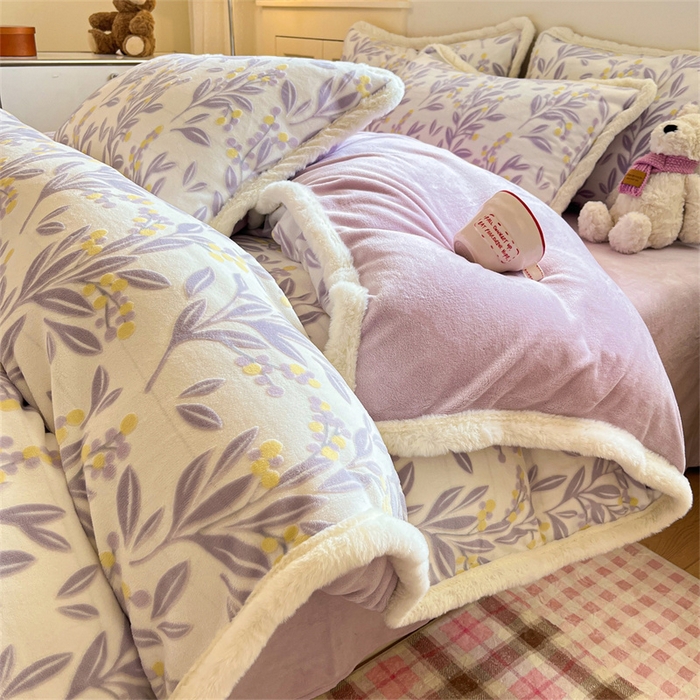 启程家纺 2025新款雕花牛奶绒四件套包边款 小豆芽-紫-包边款