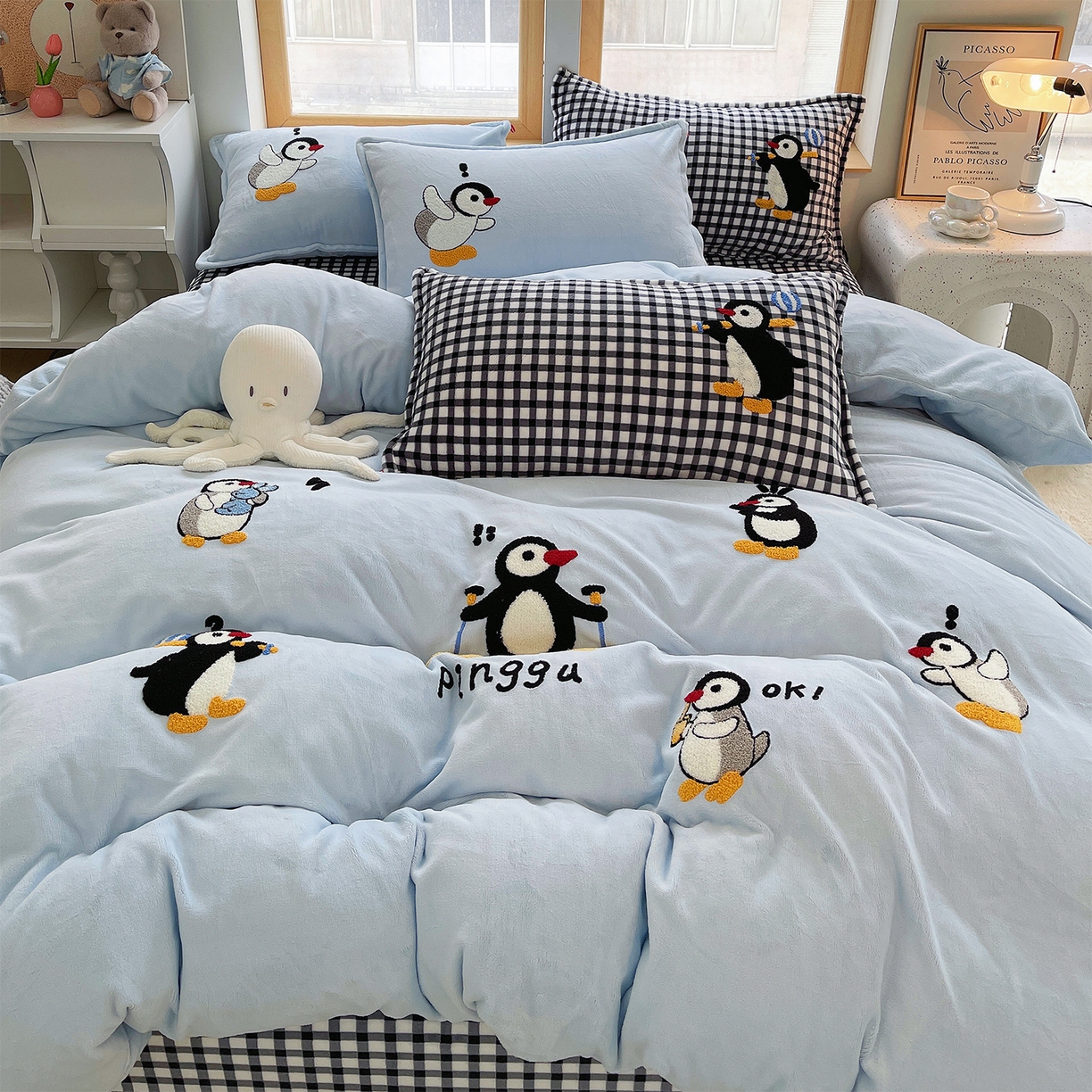 91家纺网 家纺一手货源 找家纺 炫拼家纺 2025新款高克重牛奶绒满版毛巾绣卡通加厚四件套-糯米系列 糯米-慢时光