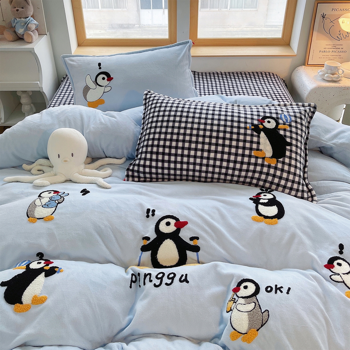 91家纺网 家纺一手货源 找家纺 炫拼家纺 2025新款高克重牛奶绒满版毛巾绣卡通加厚四件套-糯米系列 糯米-慢时光