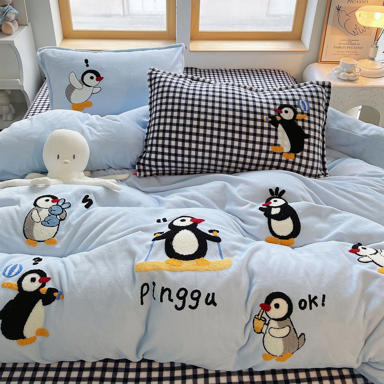 91家纺网 家纺一手货源 找家纺 炫拼家纺 2025新款高克重牛奶绒满版毛巾绣卡通加厚四件套-糯米系列 糯米-慢时光